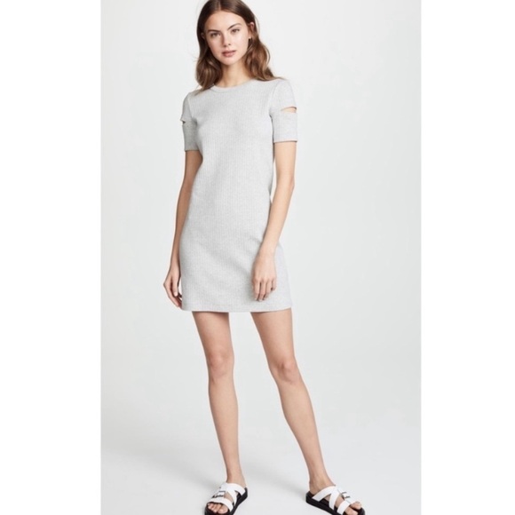 Helmut Lang Slashed Shoulder Ribbed Cotton Mini Dress Grey Small Bodycon - Picture 2 of 11